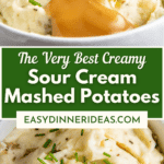 Mashed sweet potatoes in a bowl with butter and being topped with gravy.