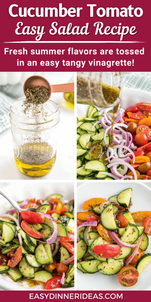 Collage pin: Step by step photos of cucumber tomato salad being made.