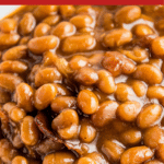 Up close image of baked beans with bacon.