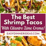 Three shrimp tacos on a plate and an up close image of shrimp with shrimp taco sauce.