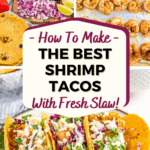 Shrimp taco ingredients, shrimp cooked on a baking sheet and three shrimp tacos on a plate.