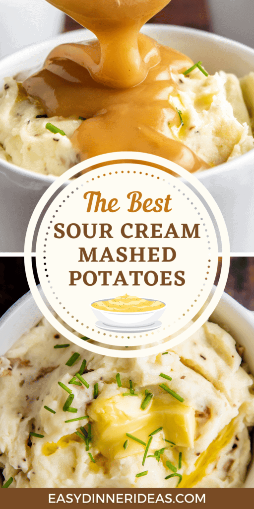 Potatoes being topped with brown gravy and mashed potatoes with butter on top.