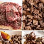 Step by step photos of beef tips being made on the stove top.