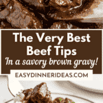 Beef tips in gravy in a skillet with a wooden spoon and a fork lifting a bite of beef tips.