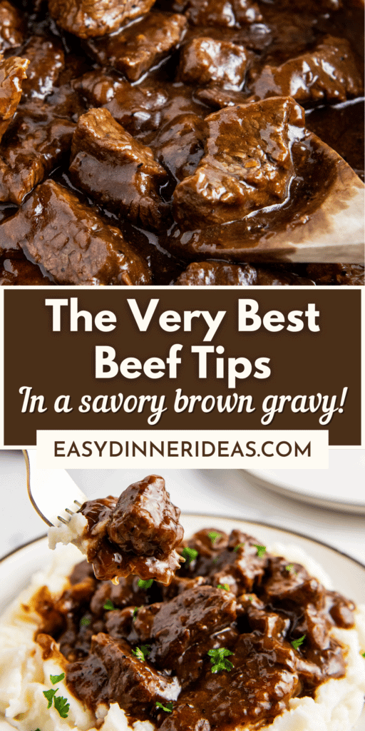 Beef tips in gravy in a skillet with a wooden spoon and a fork lifting a bite of beef tips.