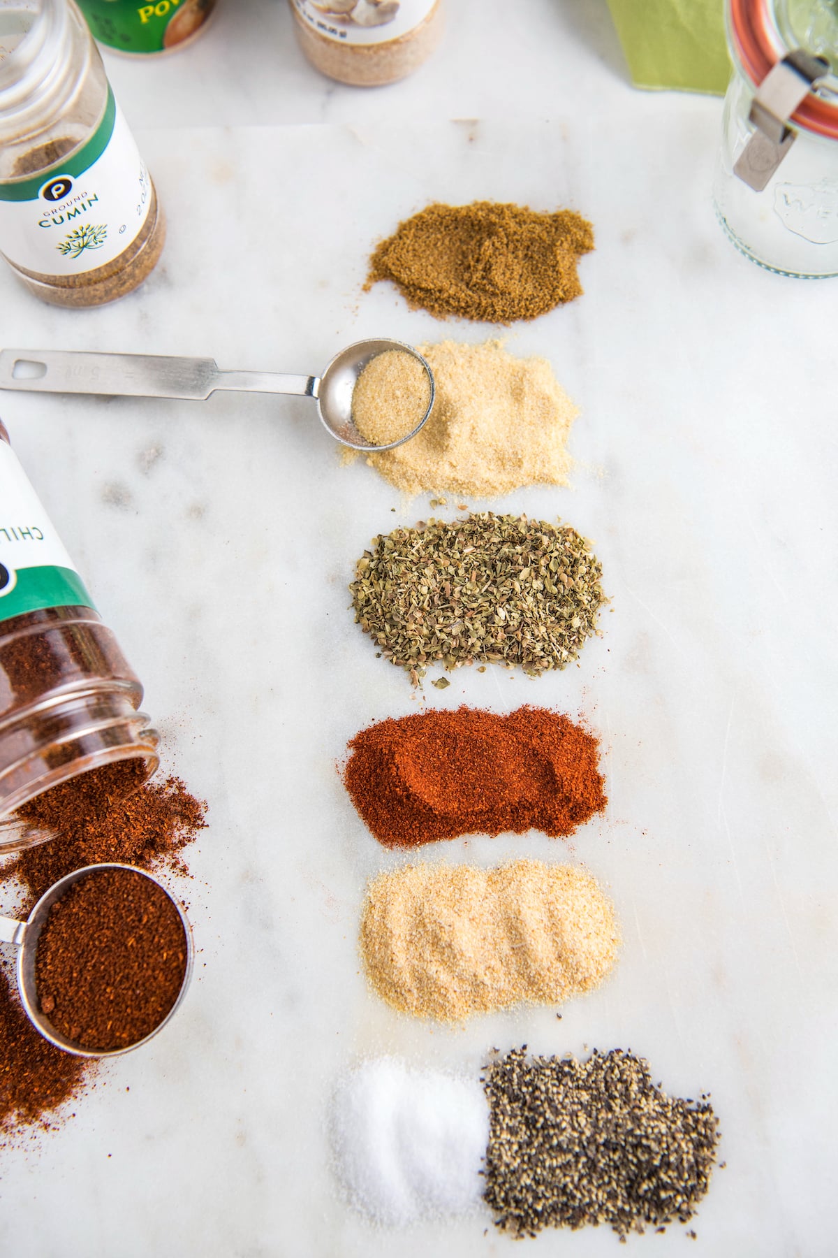 Ground spices on a marble countertop.