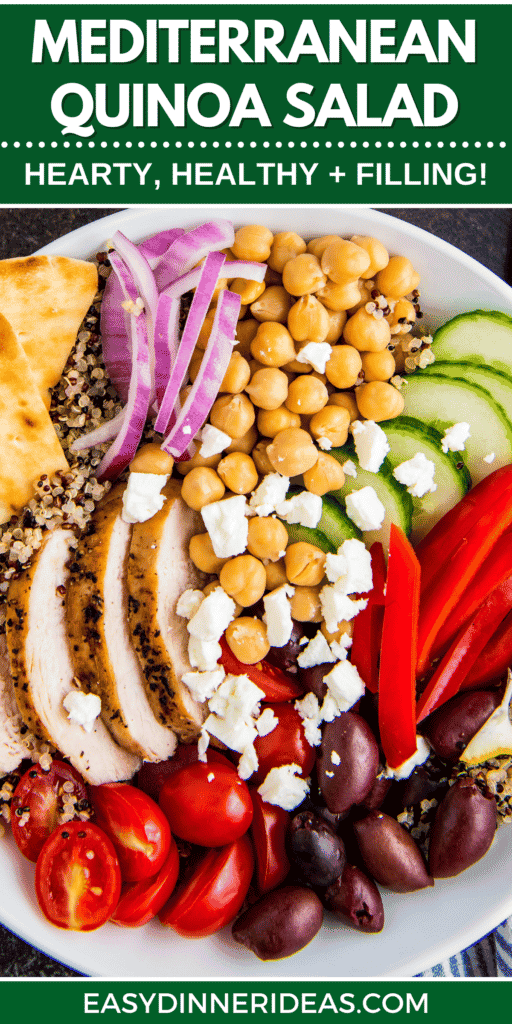 Up close image of a quinoa chicken salad with feta cheese in a white bowl.
