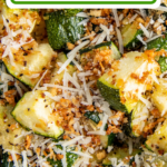 Air fryer zucchini in a bowl with parmesan cheese on top.