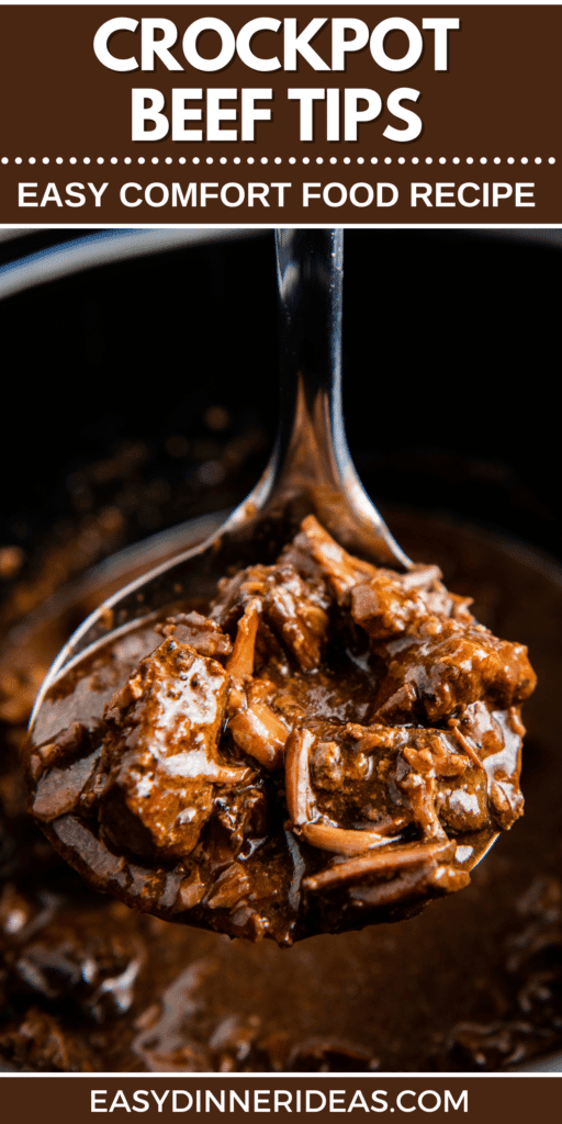 A ladle scooping up crockpot beef tips out of a crockpot.