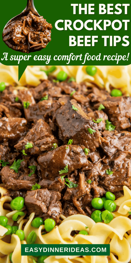 Beef tips on egg noodles with peas.