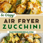 A fork picking up pieces of crispy zucchini and a bowl with crispy zucchini with parmesan cheese on top.