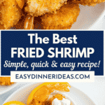 Fried shrimp and fried shrimp being dunked in homemade tartar sauce.