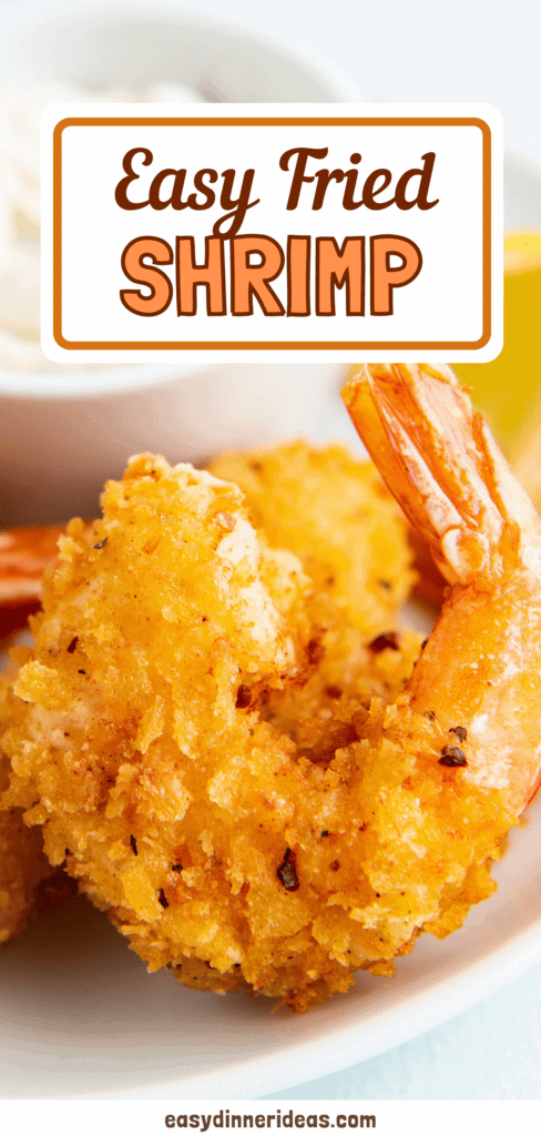 Up close image of a fried shrimp on a plate.