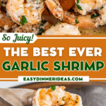 Garlic butter shrimp on a plate with parsley and a shrimp on a wooden spoon.