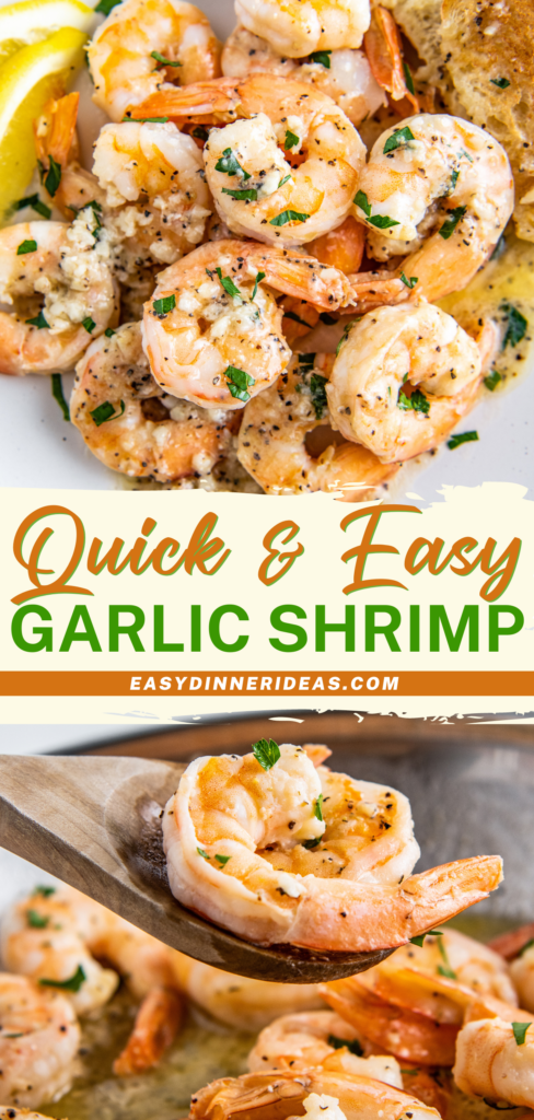 Garlic butter shrimp on a plate with parsley and a shrimp on a wooden spoon.