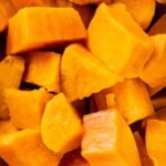 close up of cubed sweet potatoes