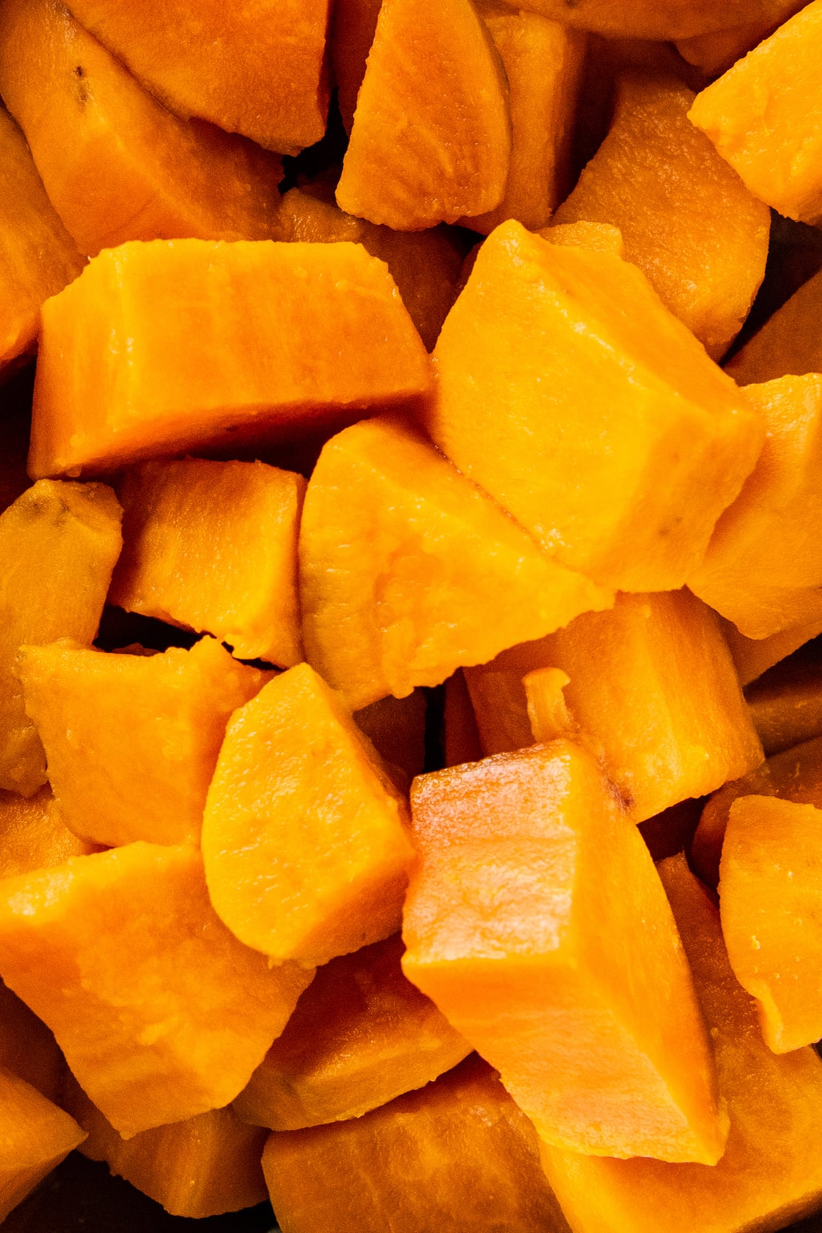 close up of cubed sweet potatoes