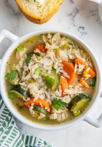 top view of chicken, rice, and vegetable soup