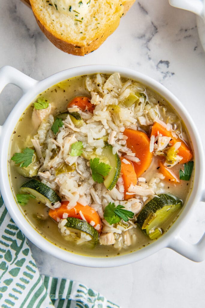 top view of chicken, rice, and vegetable soup