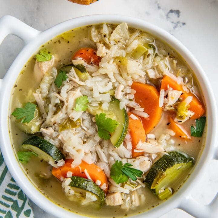 top view of chicken, rice, and vegetable soup