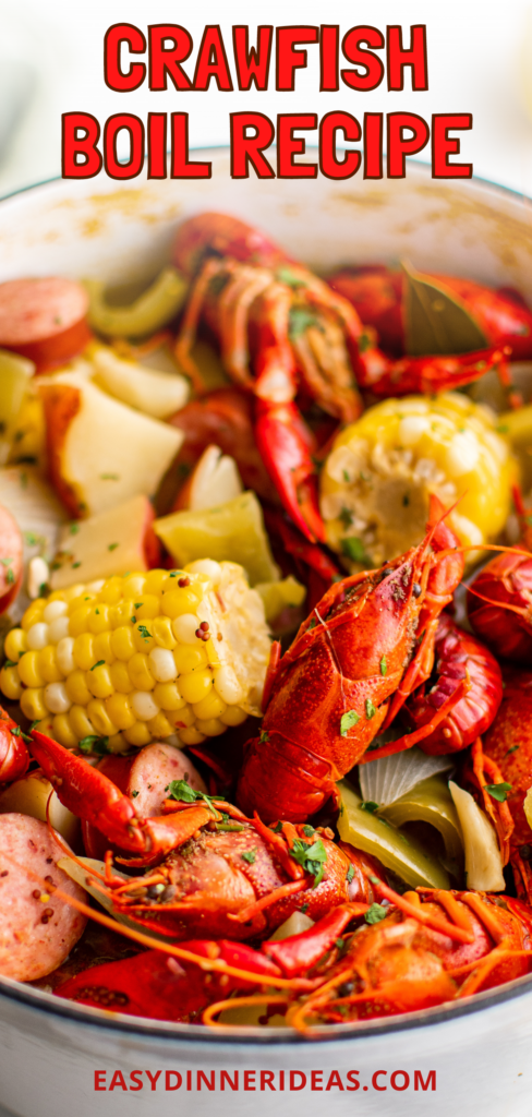 Crawfish, potatoes, corn and more in a pot.