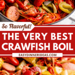 Crawfish, sausage and corn in a pot and an up close image of a platter of crawfish, potatoes, corn, sausage and more.