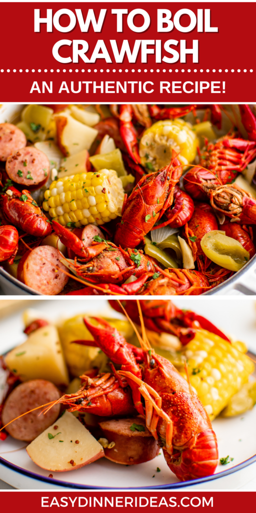 Crawfish boil in a pot and a plate of crawfish, potatoes, sausage and corn.