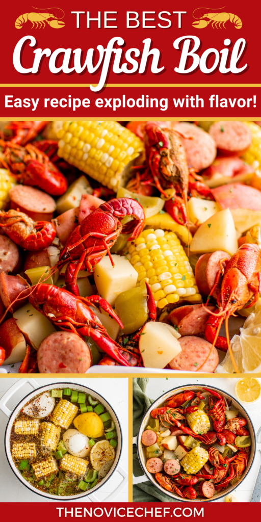 Crawfish boil on a sheet pan, a pot of corn, potatoes and spices and a pot of crawfish boil.