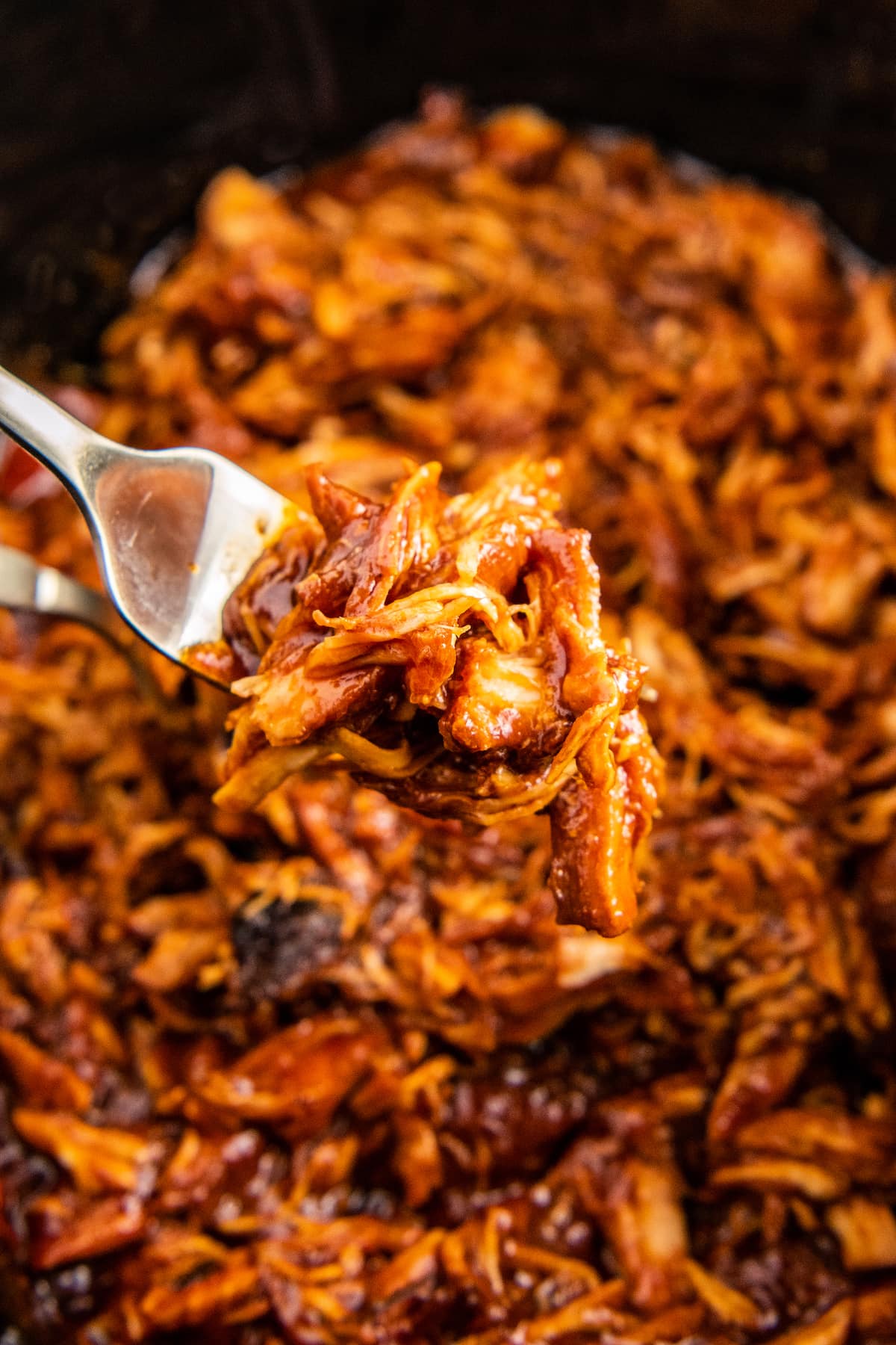 A fork picking up a bite of shredded chicken in bbq sauce.
