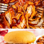 Two forks shredding chicken in a crockpot and a bbq chicken sandwich in a red basket.