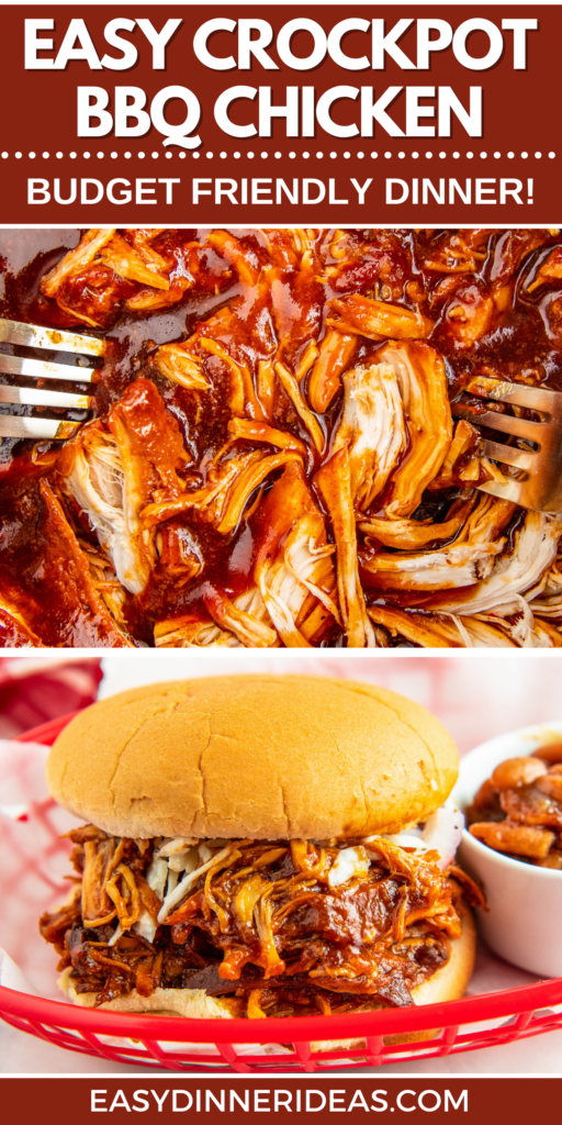 Two forks shredding chicken in a crockpot and a bbq chicken sandwich in a red basket.
