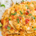 chicken casserole with assorted vegetables, cheese, and tortilla chips