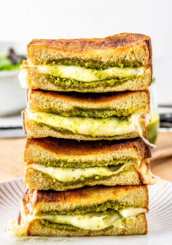 stack of open-faced Open-faced grilled cheese sandwiches with pesto