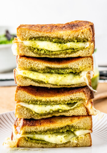 stack of open-faced Open-faced grilled cheese sandwiches with pesto
