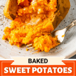 A sweet potato with a fork taking a bite and sweet potatoes on a baking sheet and some wrapped in foil .