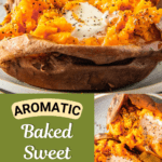 A sweet potato with butter on top, and sweet potatoes on a baking sheet.