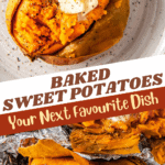 A sweet potato on a plate with butter, salt and sugar and a sweet potato wrapped with foil.