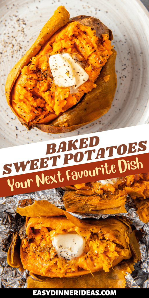 A sweet potato on a plate with butter, salt and sugar and a sweet potato wrapped with foil.