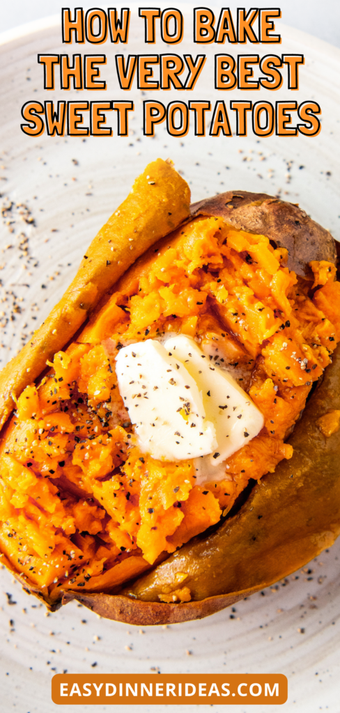 A baked sweet potato topped with butter, salt and pepper.