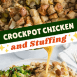 Chicken breasts cooked in crockpot with stuffing and a plate of chicken and stuffing with gravy being poured on top.