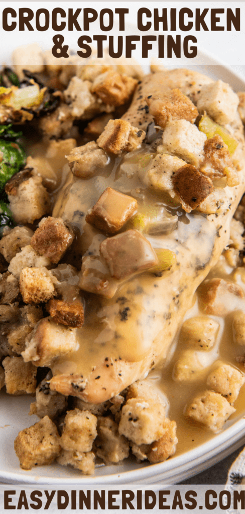 Crockpot chicken and stuffing on a white plate with brown gravy poured on top.