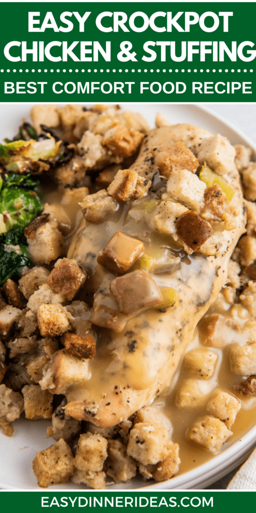 Chicken and stuffing on a plate with gravy on top.