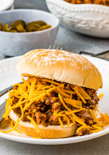 Sloppy Joe sandwich with beef, meat sauce, and shredded cheese