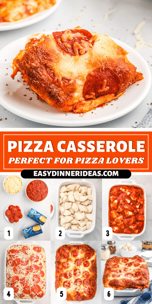 A slice of pizza casserole on a plate and 6 images of pizza casserole being made.