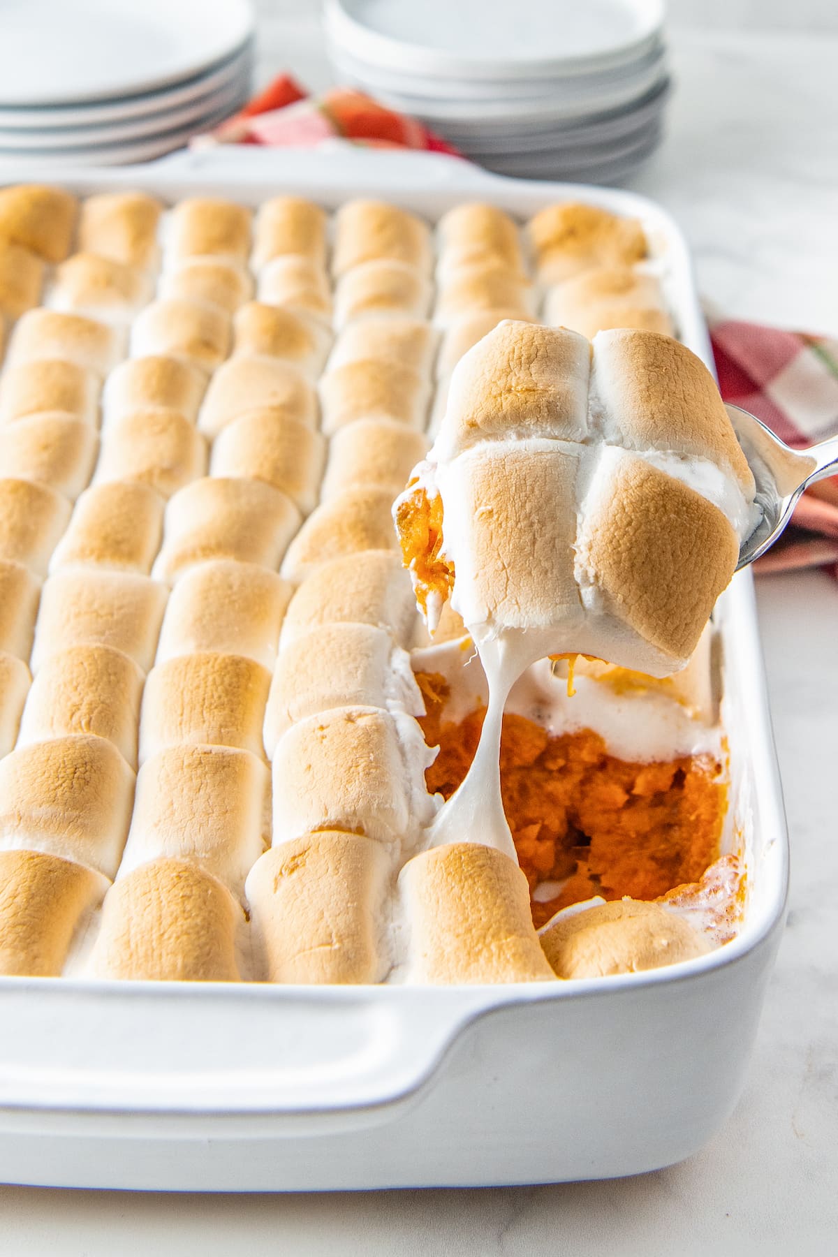 Sweet potato casserole with toasted marshmallows on top