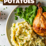 Mashed potatoes on a plate with roasted chicken.