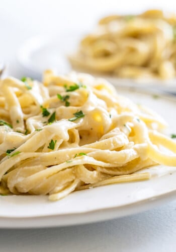 A plate with pasta and alfredo sauce garnished with fresh herbs and a fork twisting a bite