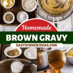 Brown gravy being made and poured on top of mashed potatoes.