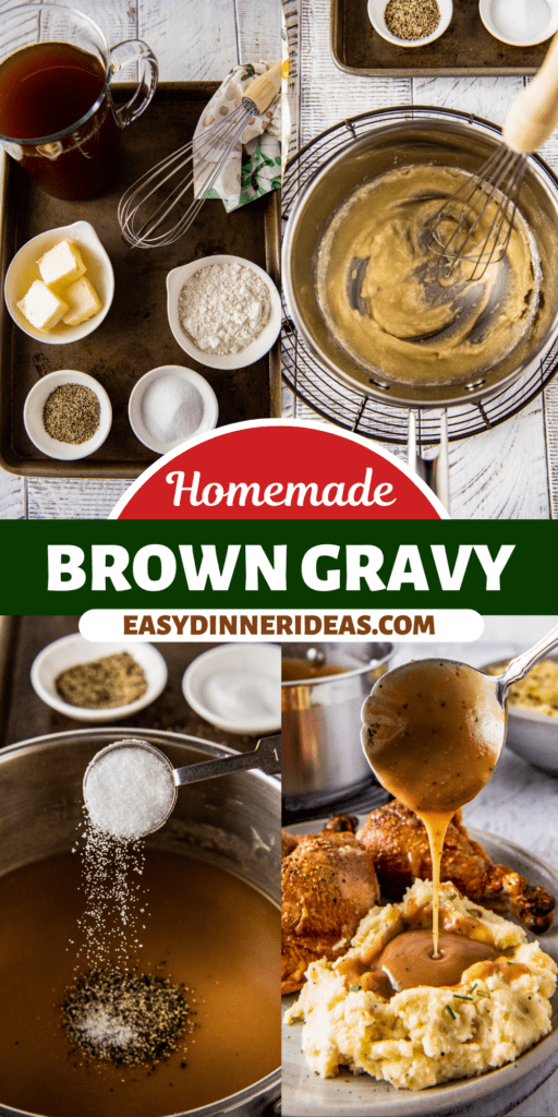 Brown gravy being made and poured on top of mashed potatoes.