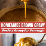 Brown gravy being poured into a sauce pan and a bite of mashed potatoes with gravy.